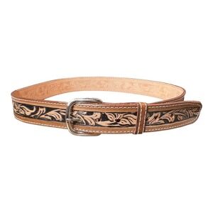 Tooled Leather Belt‎ Western Floral Embossed Tan & Black Women Size 40